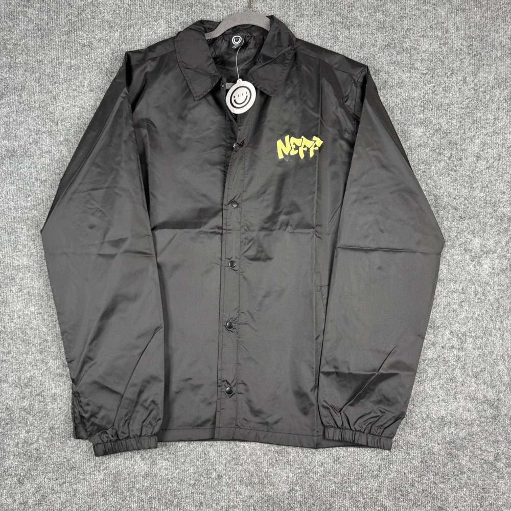 Neff Coach Jacket Mens Size Large Black Flaming Duck Graphic Lightweight Snap Up